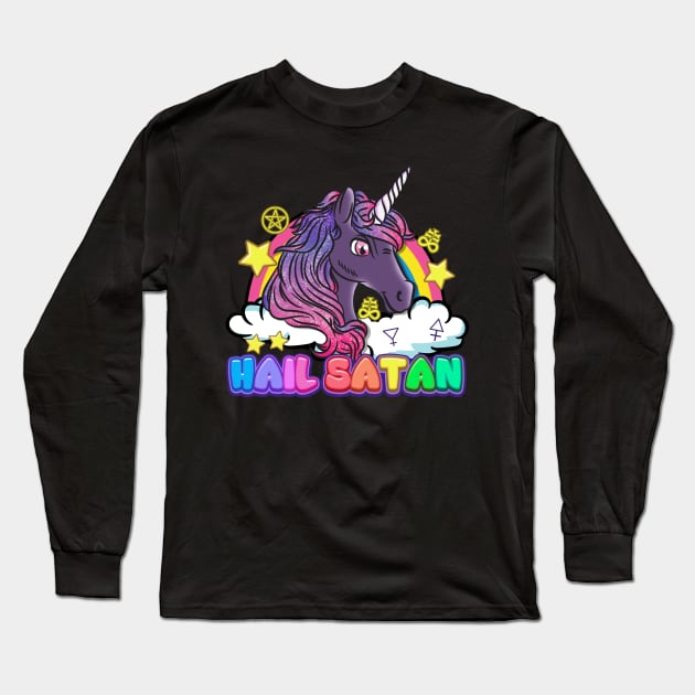 Hail Satan Unicorn I Satan Rainbow Pentagram design Long Sleeve T-Shirt by biNutz